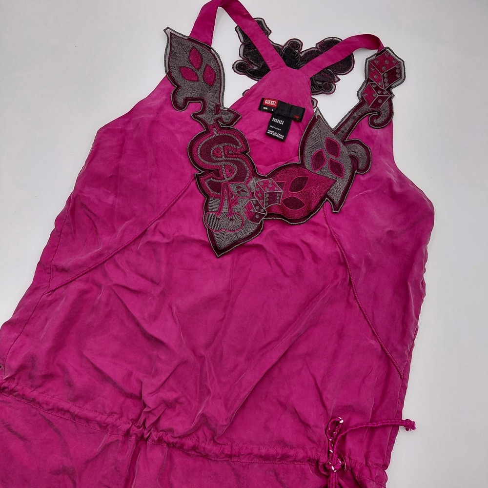 Y2K Diesel 100% Silk S Maroon Black‎ Abstract Tank Top Shirt Dice Jester Goth